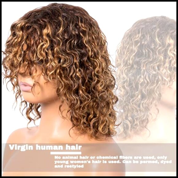 Short Curly Wig with Bangs Pixie Cut Glueless Water Wave Human Hair Wear and Go main image 4